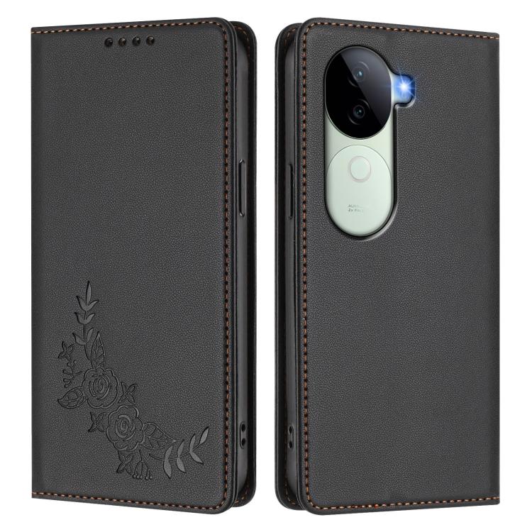 For vivo V40e 5G India / iQOO Z9s 5G Peony Embossed Magnetic RFID Vegan Leather Phone Case