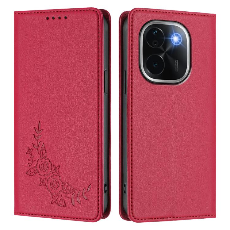 For vivo iQOO Z9s Pro 5G / T3 Pro 5G India Peony Embossed Magnetic RFID Vegan Leather Phone Case