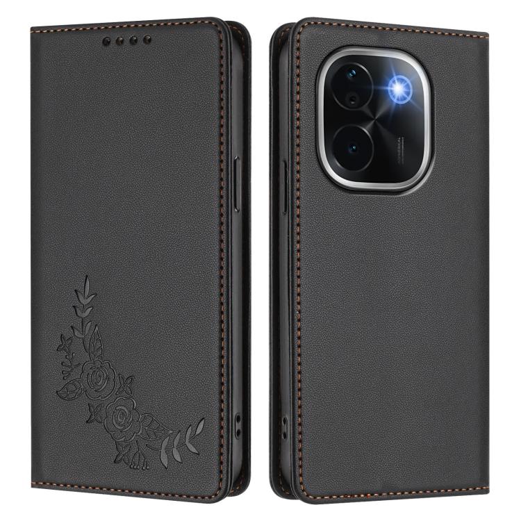 For vivo iQOO Z9s Pro 5G / T3 Pro 5G India Peony Embossed Magnetic RFID Vegan Leather Phone Case
