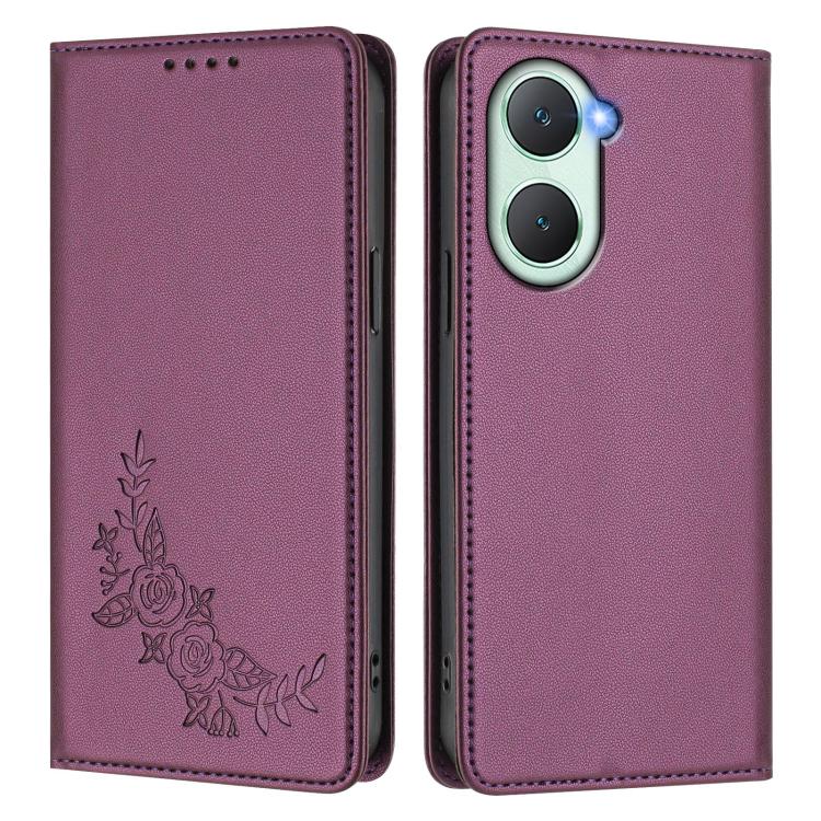 For vivo Y03 4G / Y18 4G / Y28s Global Peony Embossed Magnetic RFID Vegan Leather Phone Case