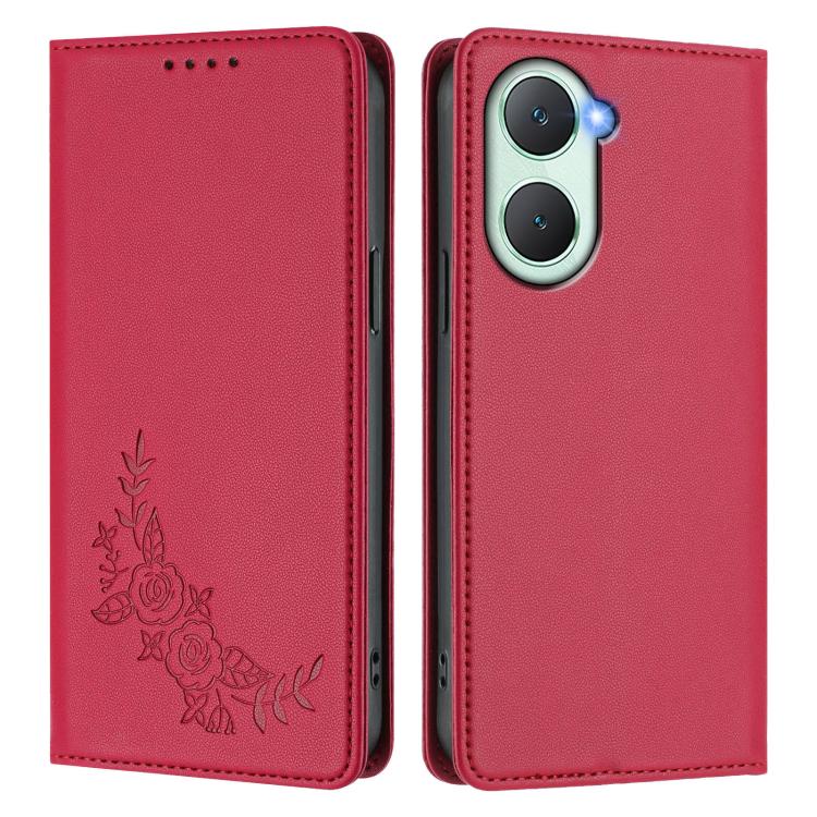 For vivo Y03 4G / Y18 4G / Y28s Global Peony Embossed Magnetic RFID Vegan Leather Phone Case