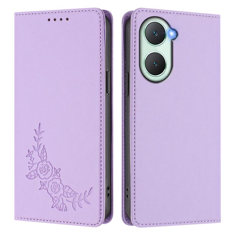 For vivo Y03 4G / Y18 4G / Y28s Global Peony Embossed Magnetic RFID Vegan Leather Phone Case