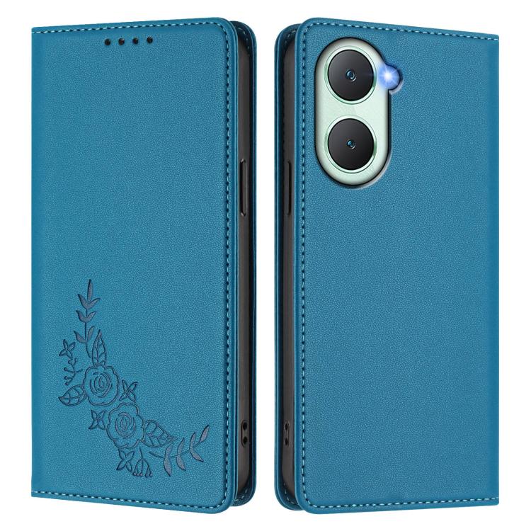 For vivo Y03 4G / Y18 4G / Y28s Global Peony Embossed Magnetic RFID Vegan Leather Phone Case