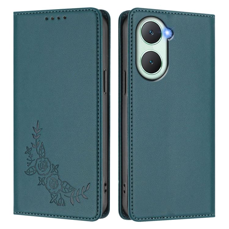 For vivo Y03 4G / Y18 4G / Y28s Global Peony Embossed Magnetic RFID Vegan Leather Phone Case