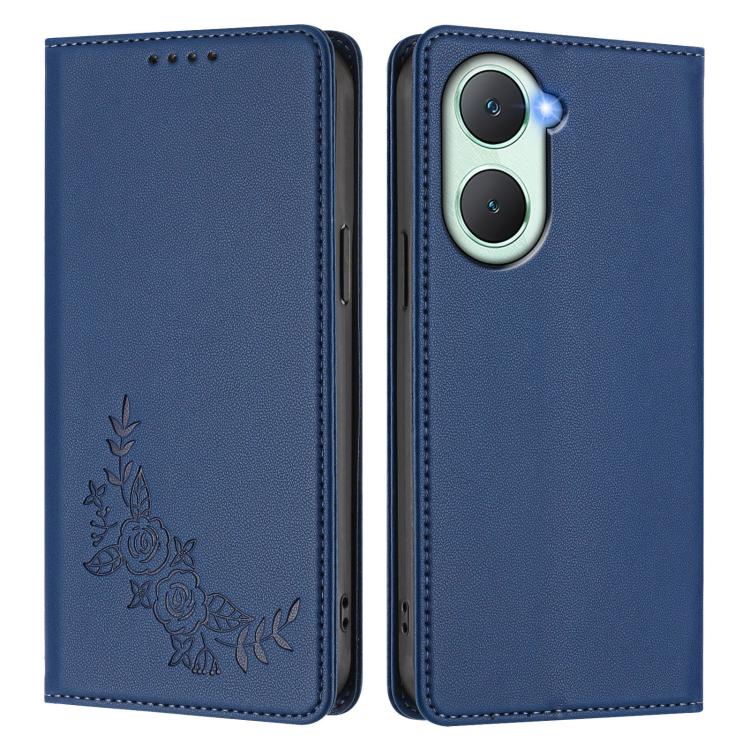 For vivo Y03 4G / Y18 4G / Y28s Global Peony Embossed Magnetic RFID Vegan Leather Phone Case