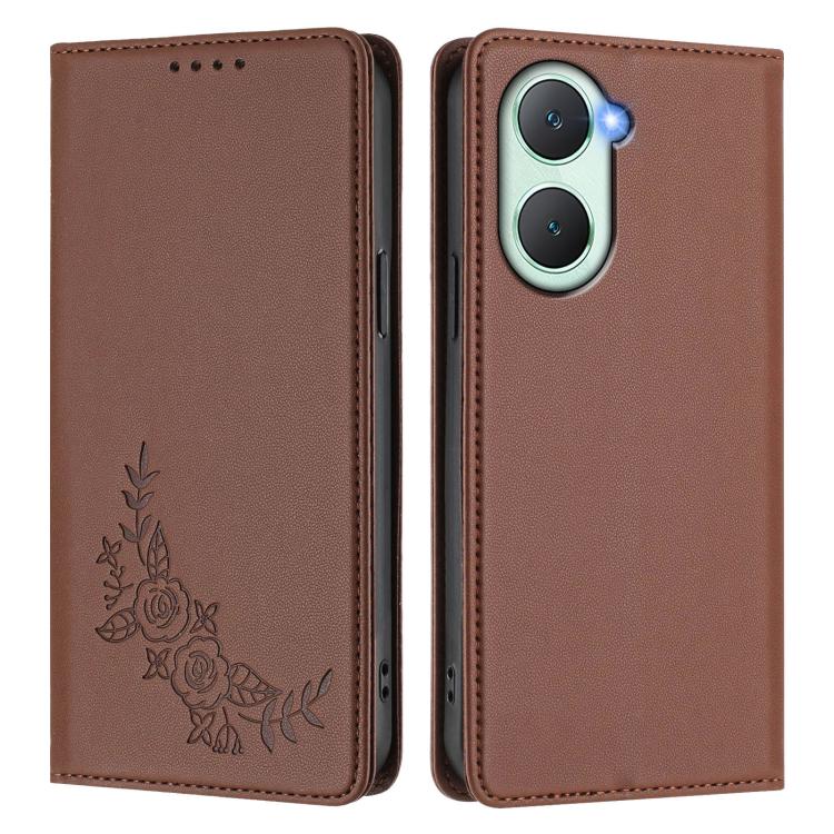 For vivo Y03 4G / Y18 4G / Y28s Global Peony Embossed Magnetic RFID Vegan Leather Phone Case