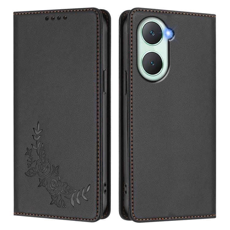 For vivo Y03 4G / Y18 4G / Y28s Global Peony Embossed Magnetic RFID Vegan Leather Phone Case