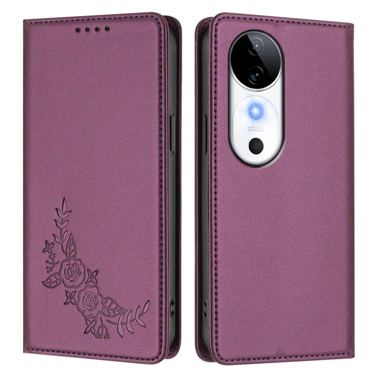 For vivo S19 Peony Embossed Magnetic RFID Vegan Leather Phone Case