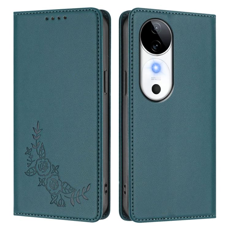 For vivo S19 Peony Embossed Magnetic RFID Vegan Leather Phone Case