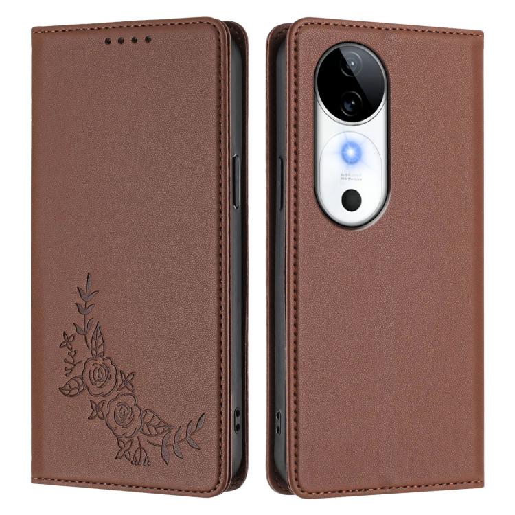 For vivo S19 Peony Embossed Magnetic RFID Vegan Leather Phone Case