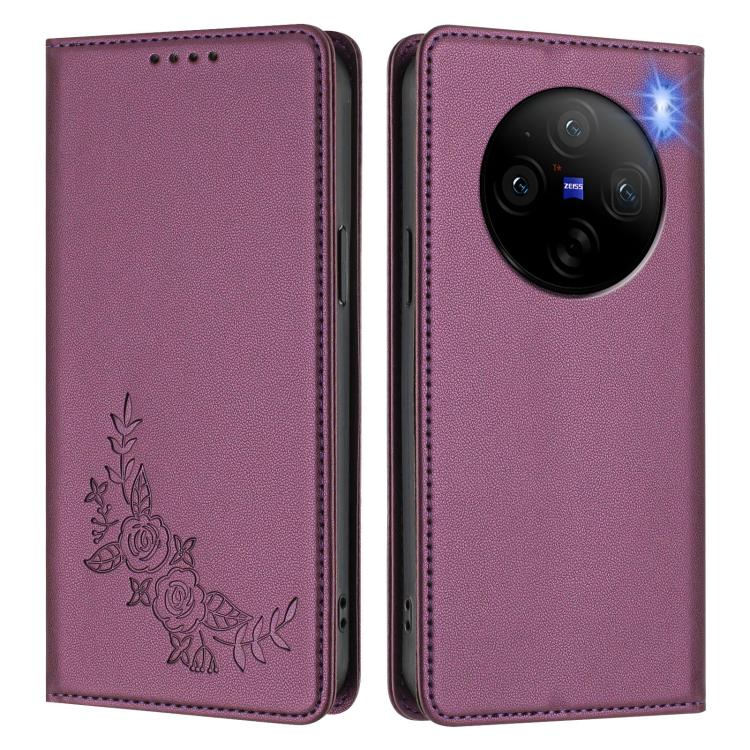 For vivo X100 Pro / X100s Pro 5G Peony Embossed Magnetic RFID Vegan Leather Phone Case