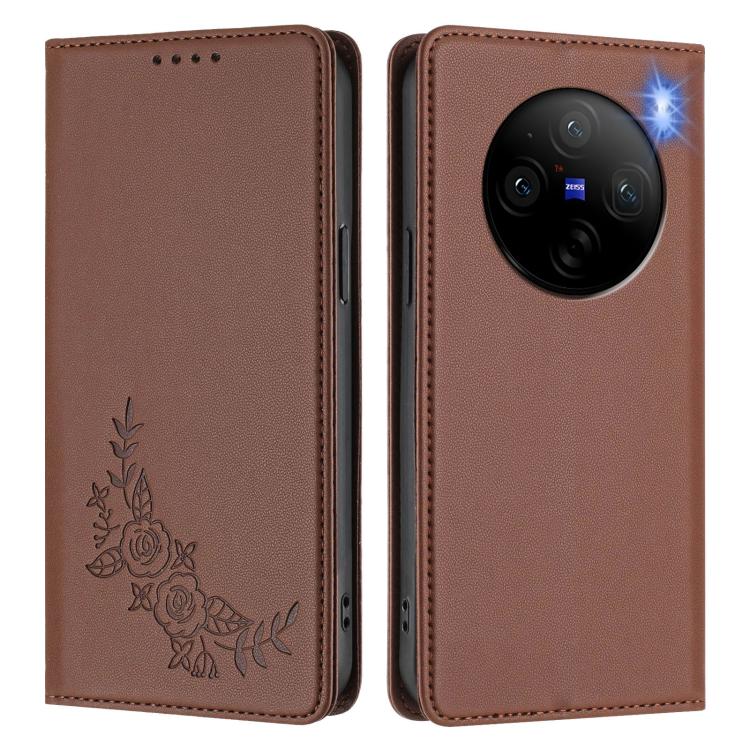 For vivo X100 Pro / X100s Pro 5G Peony Embossed Magnetic RFID Vegan Leather Phone Case