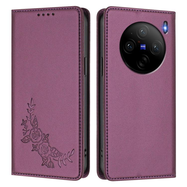 For vivo X100s 5G Peony Embossed Magnetic RFID Vegan Leather Phone Case