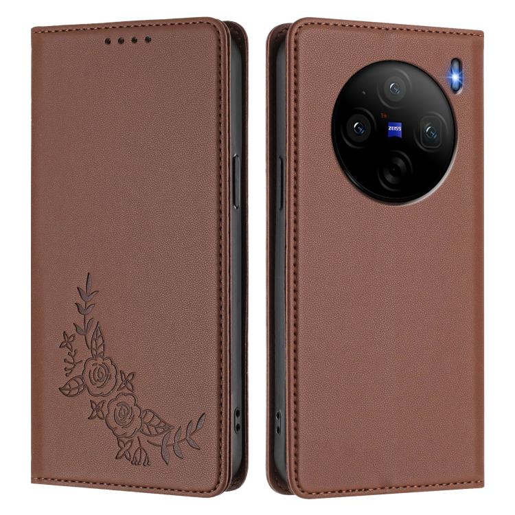 For vivo X100s 5G Peony Embossed Magnetic RFID Vegan Leather Phone Case