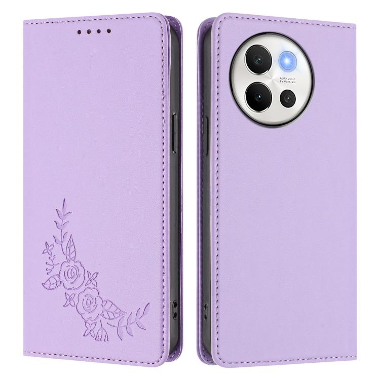 For vivo V40 Lite 5G / V30e 5G Global Peony Embossed Magnetic RFID Vegan Leather Phone Case