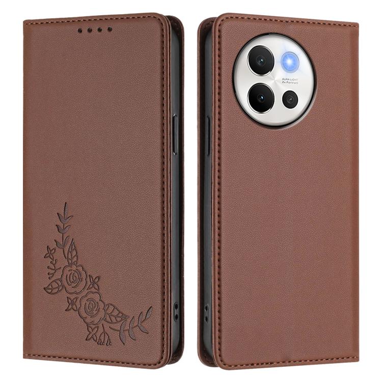 For vivo V40 Lite 5G / V30e 5G Global Peony Embossed Magnetic RFID Vegan Leather Phone Case
