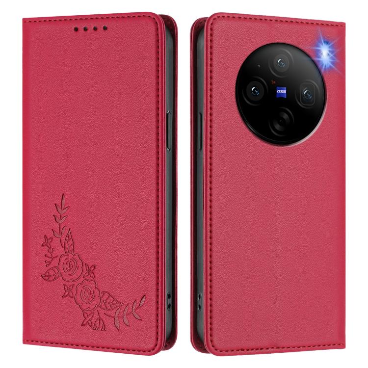 For vivo X100 5G Peony Embossed Magnetic RFID Vegan Leather Phone Case