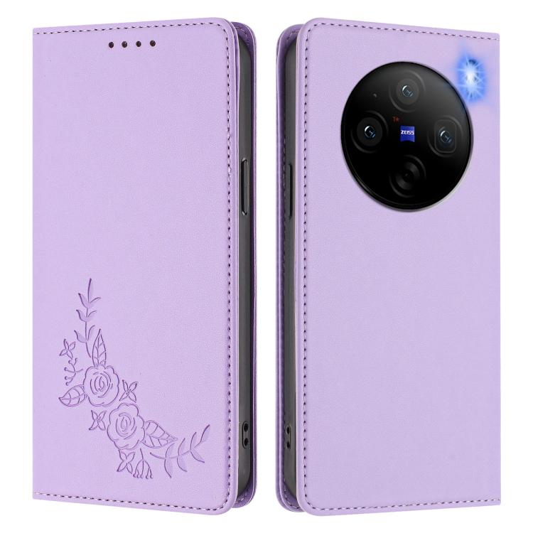 For vivo X100 5G Peony Embossed Magnetic RFID Vegan Leather Phone Case