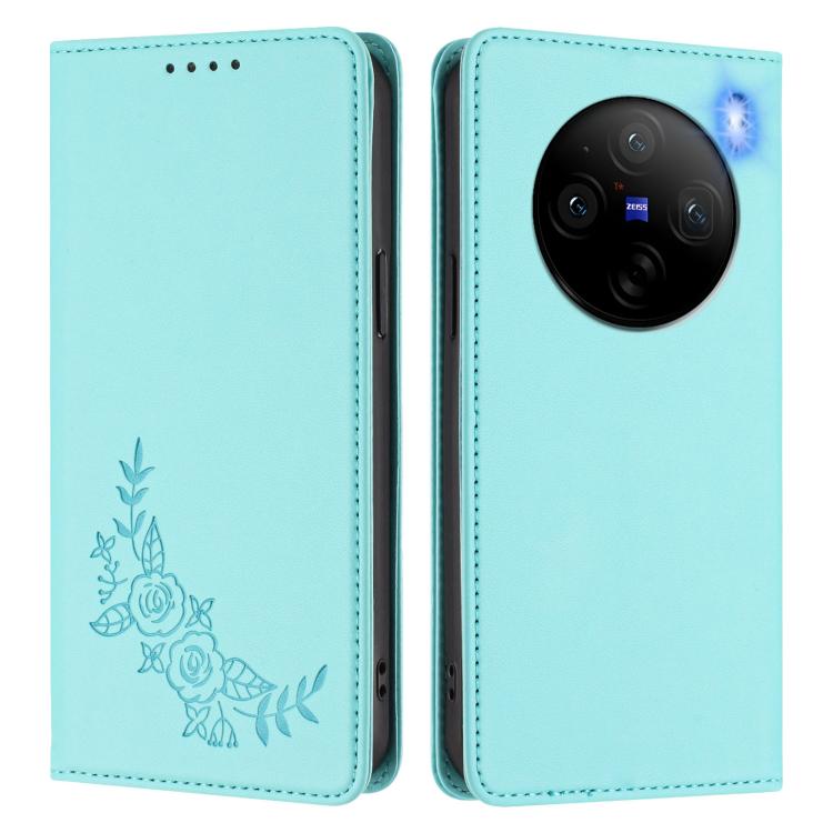 For vivo X100 5G Peony Embossed Magnetic RFID Vegan Leather Phone Case