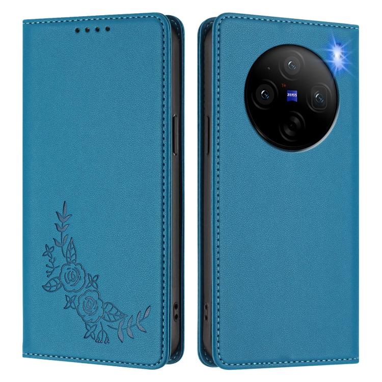 For vivo X100 5G Peony Embossed Magnetic RFID Vegan Leather Phone Case