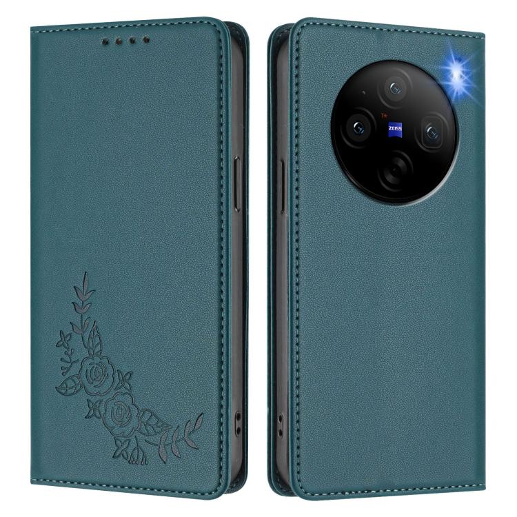 For vivo X100 5G Peony Embossed Magnetic RFID Vegan Leather Phone Case