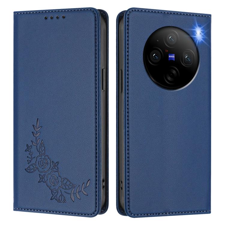 For vivo X100 5G Peony Embossed Magnetic RFID Vegan Leather Phone Case