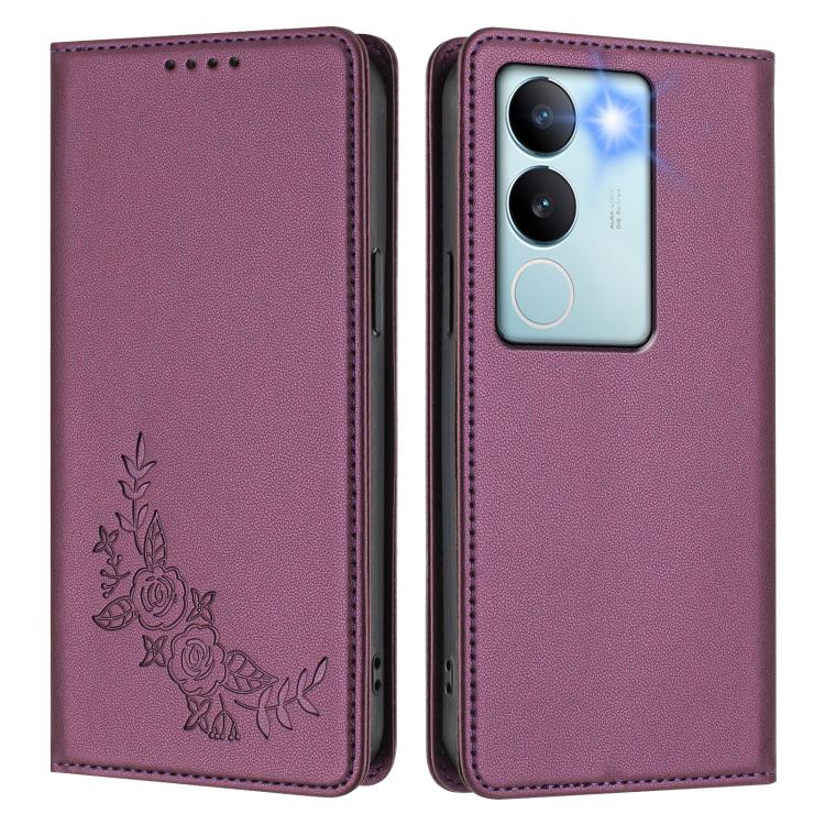 For vivo V29 / V29 Pro Global Peony Embossed Magnetic RFID Vegan Leather Phone Case