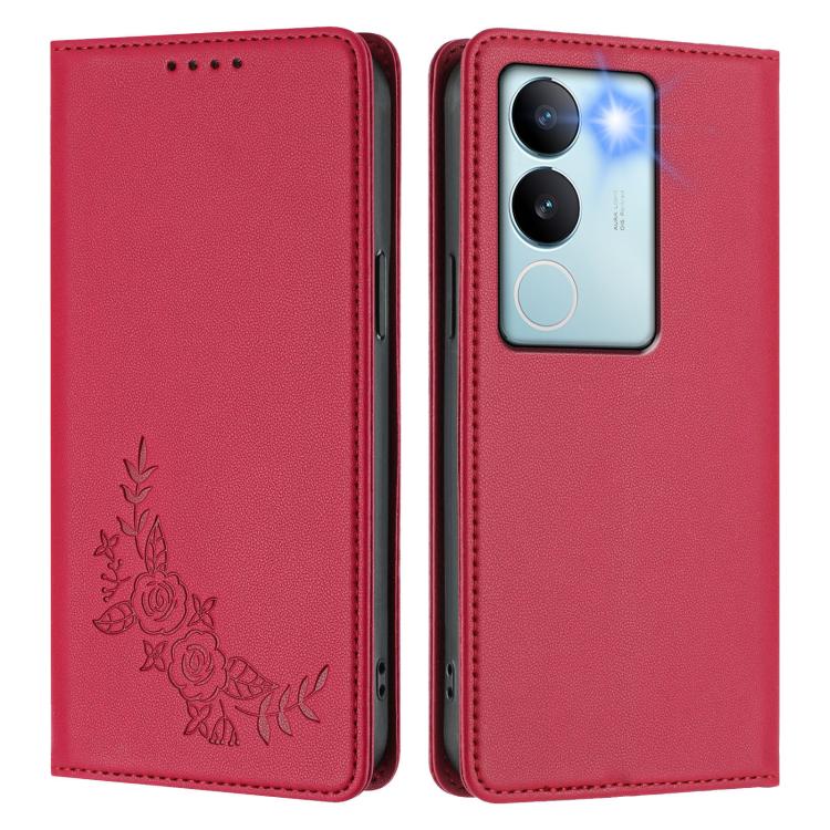 For vivo V29 / V29 Pro Global Peony Embossed Magnetic RFID Vegan Leather Phone Case