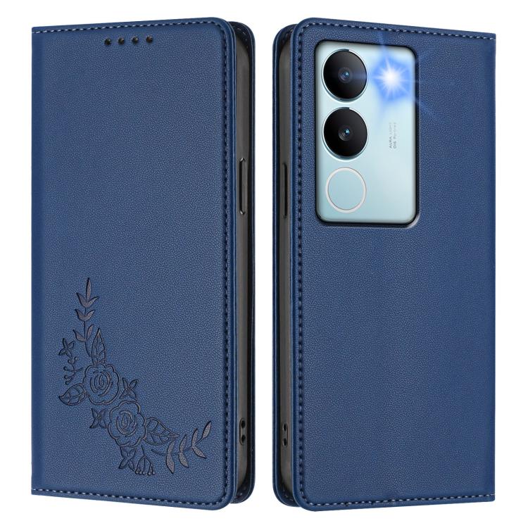 For vivo V29 / V29 Pro Global Peony Embossed Magnetic RFID Vegan Leather Phone Case