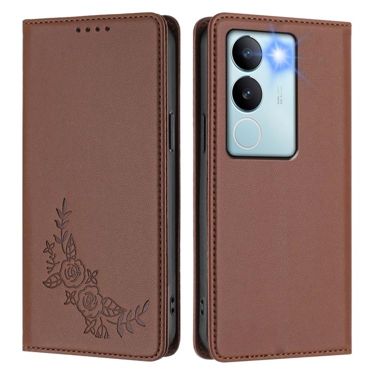 For vivo V29 / V29 Pro Global Peony Embossed Magnetic RFID Vegan Leather Phone Case