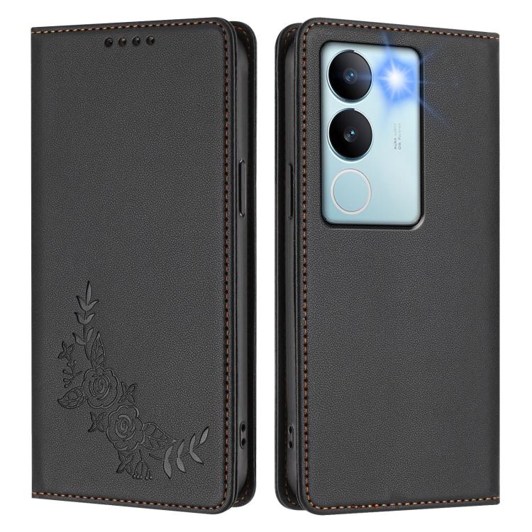 For vivo V29 / V29 Pro Global Peony Embossed Magnetic RFID Vegan Leather Phone Case