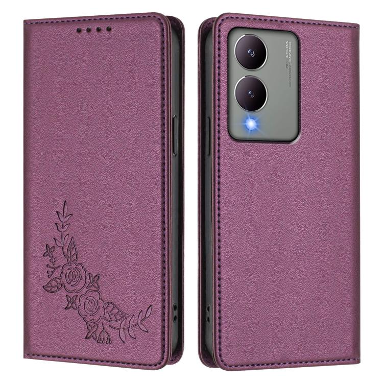 For vivo Y17s 4G  Global / 5G India Peony Embossed Magnetic RFID Vegan Leather Phone Case