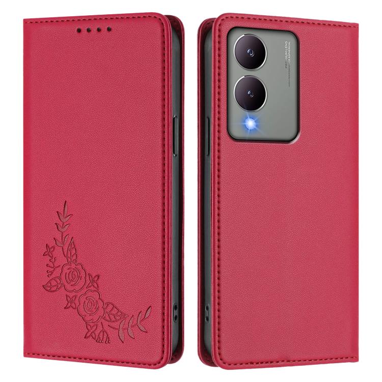 For vivo Y17s 4G  Global / 5G India Peony Embossed Magnetic RFID Vegan Leather Phone Case