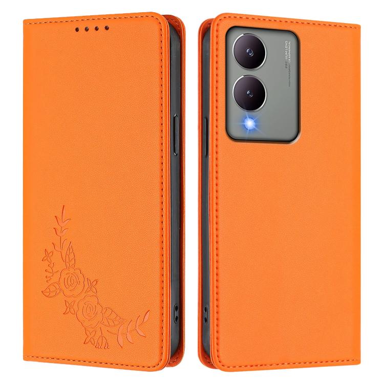For vivo Y17s 4G  Global / 5G India Peony Embossed Magnetic RFID Vegan Leather Phone Case