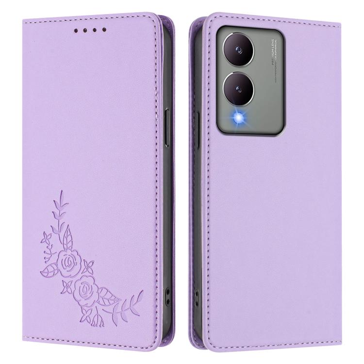 For vivo Y17s 4G  Global / 5G India Peony Embossed Magnetic RFID Vegan Leather Phone Case