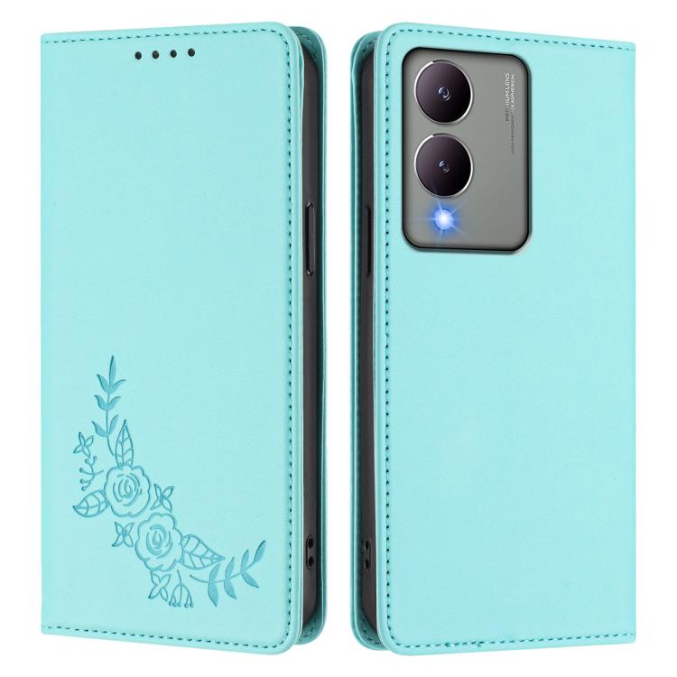 For vivo Y17s 4G  Global / 5G India Peony Embossed Magnetic RFID Vegan Leather Phone Case