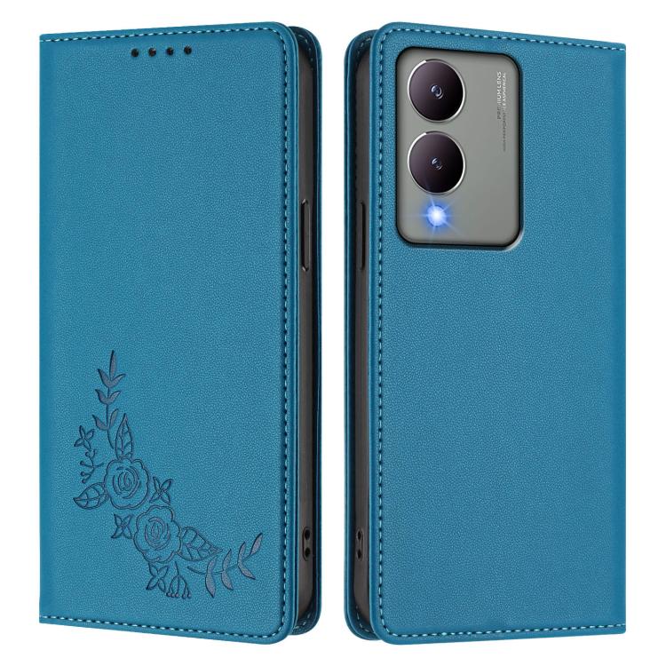 For vivo Y17s 4G  Global / 5G India Peony Embossed Magnetic RFID Vegan Leather Phone Case