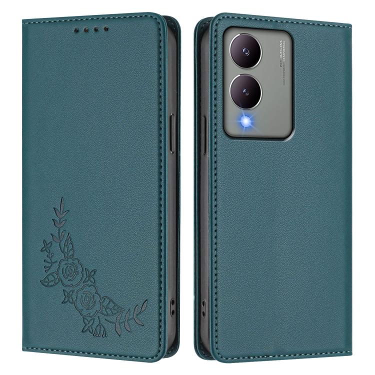 For vivo Y17s 4G  Global / 5G India Peony Embossed Magnetic RFID Vegan Leather Phone Case