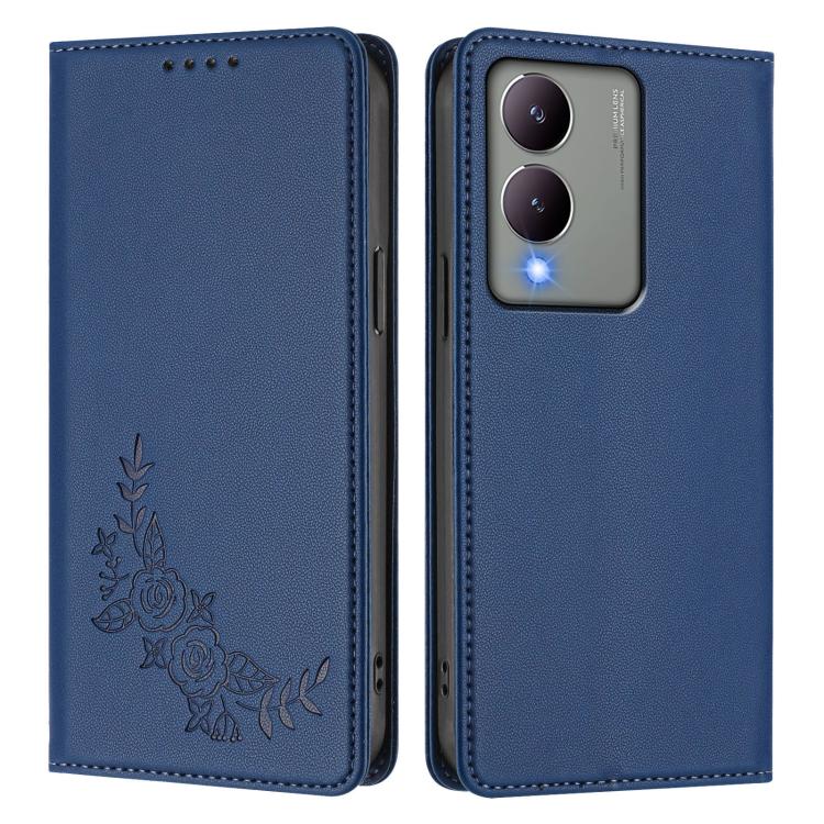 For vivo Y17s 4G  Global / 5G India Peony Embossed Magnetic RFID Vegan Leather Phone Case