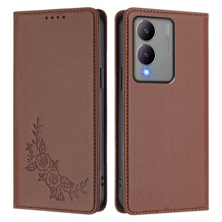 For vivo Y17s 4G  Global / 5G India Peony Embossed Magnetic RFID Vegan Leather Phone Case