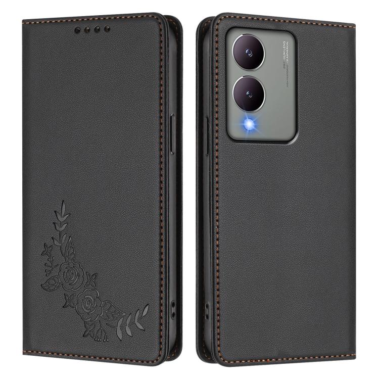 For vivo Y17s 4G  Global / 5G India Peony Embossed Magnetic RFID Vegan Leather Phone Case