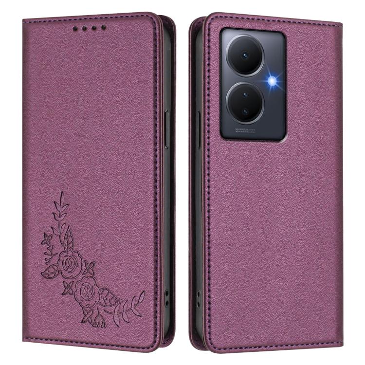 For vivo Y78+ 5G / Y78 5G Global Peony Embossed Magnetic RFID Vegan Leather Phone Case