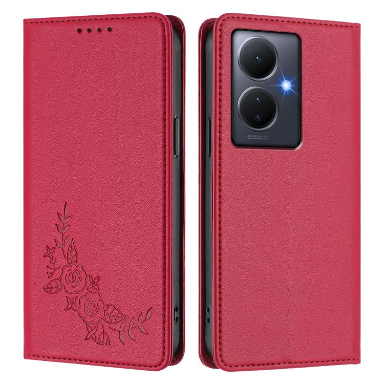 For vivo Y78+ 5G / Y78 5G Global Peony Embossed Magnetic RFID Vegan Leather Phone Case