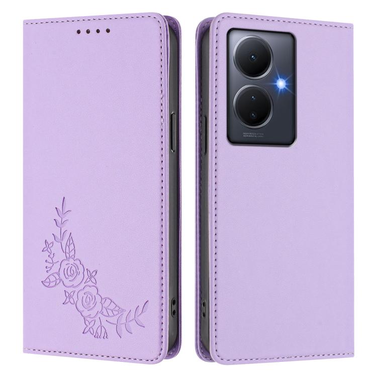 For vivo Y78+ 5G / Y78 5G Global Peony Embossed Magnetic RFID Vegan Leather Phone Case
