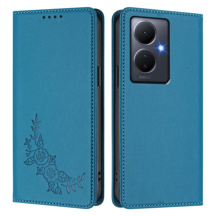 For vivo Y78+ 5G / Y78 5G Global Peony Embossed Magnetic RFID Vegan Leather Phone Case