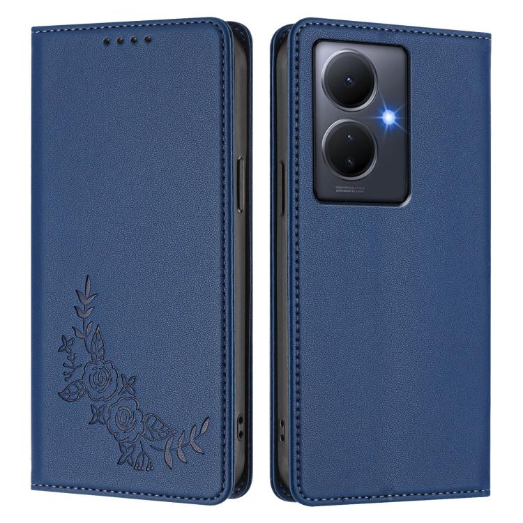For vivo Y78+ 5G / Y78 5G Global Peony Embossed Magnetic RFID Vegan Leather Phone Case