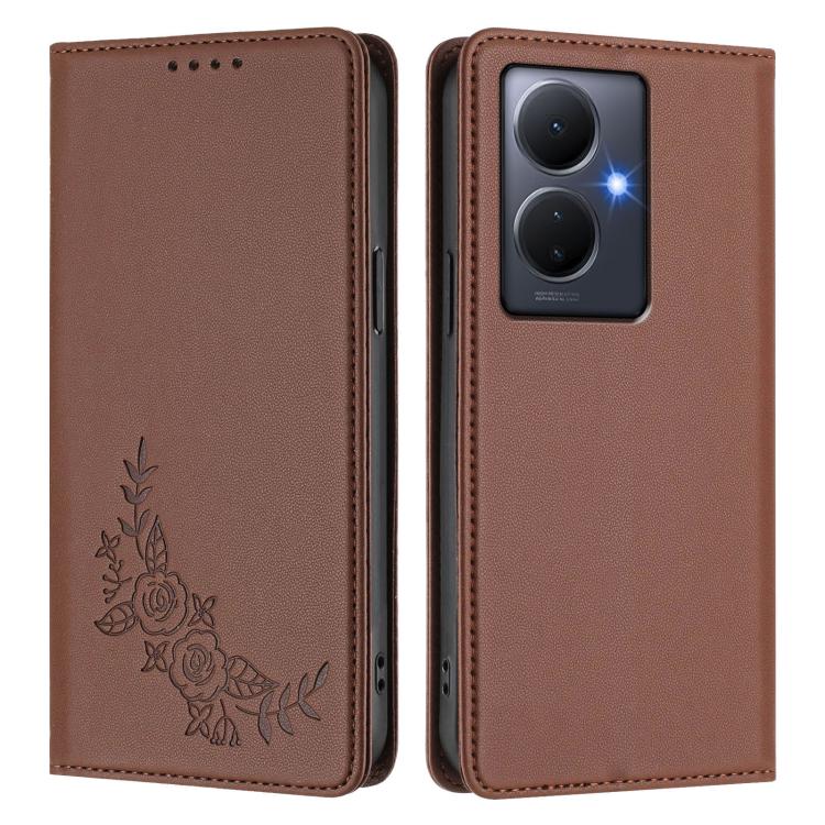 For vivo Y78+ 5G / Y78 5G Global Peony Embossed Magnetic RFID Vegan Leather Phone Case
