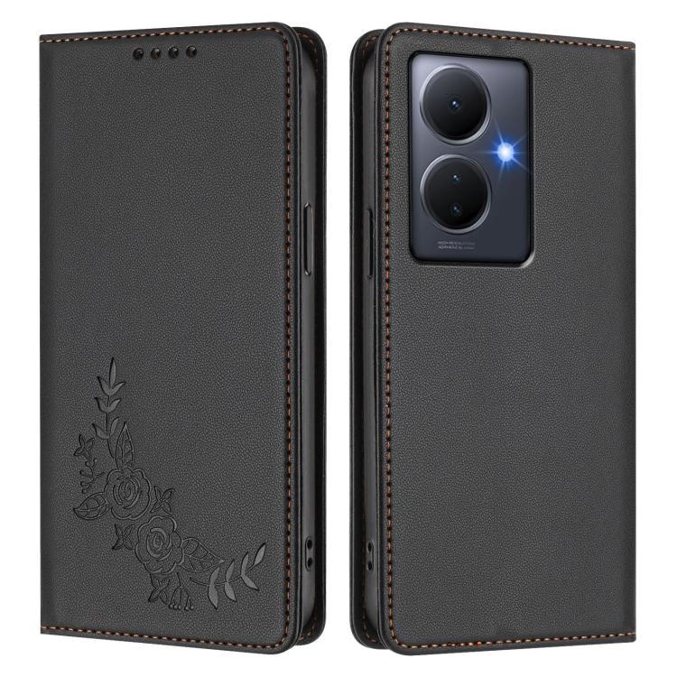 For vivo Y78+ 5G / Y78 5G Global Peony Embossed Magnetic RFID Vegan Leather Phone Case