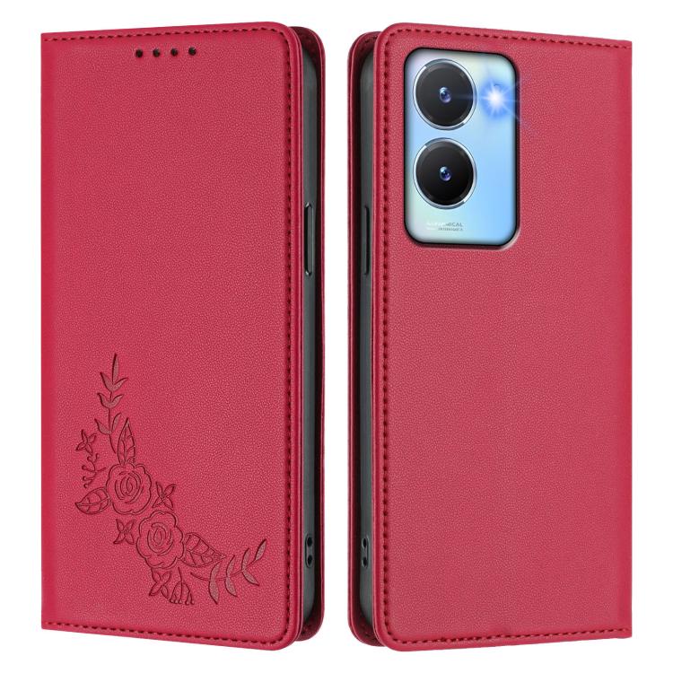 For vivo Y56 5G / Y16 4G / Y02s 4G Peony Embossed Magnetic RFID Vegan Leather Phone Case