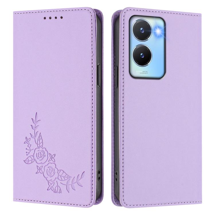 For vivo Y56 5G / Y16 4G / Y02s 4G Peony Embossed Magnetic RFID Vegan Leather Phone Case